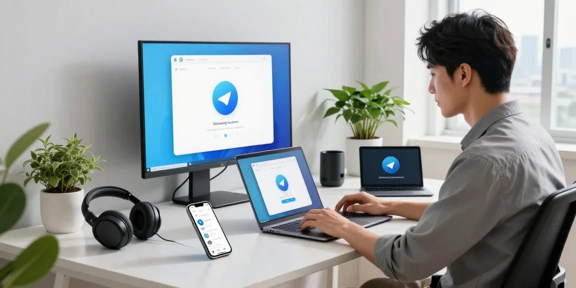 Downloading Telegram China latest version on a laptop at a modern workspace.