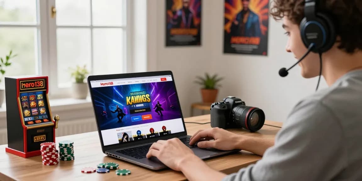 Engaging user logging into https://hero138loginku.com at a home office setup with vibrant gaming graphics.