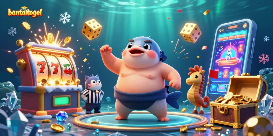 Win big with bantaitogel: Exciting underwater casino scene filled with slot jackpots and playful characters.