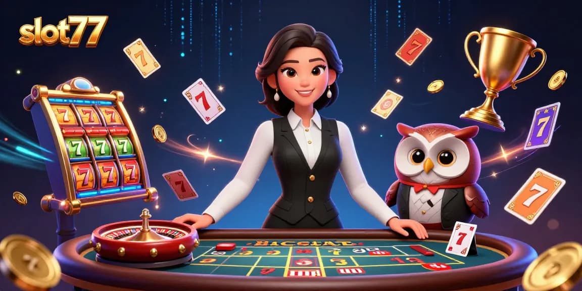 Engage with slot77 in a vibrant casino illustration featuring dealers, gaming elements, and dynamic energy.