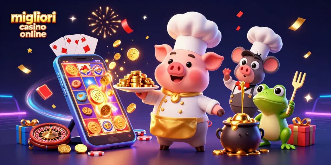 Interagisci con l'immagine dei migliori casino online che mostra elementi e personaggi vivaci del casino che celebrano con monete d'oro.