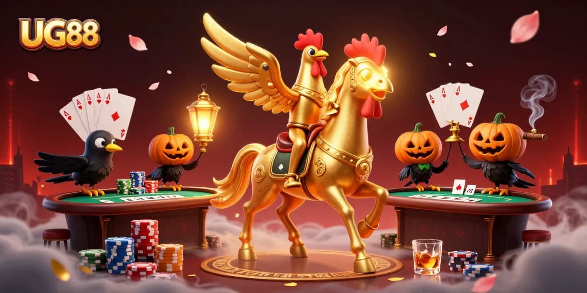 Engage with UG88's thrilling casino action featuring vibrant characters in a high-stakes poker game.