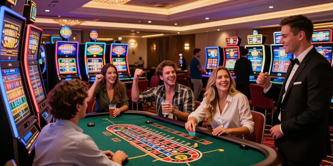 Friends enjoying an exciting evening at a casino non AAMS affidabile with vibrant lights and engaging atmosphere.