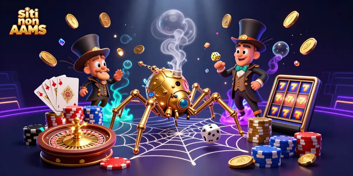Visita i siti non AAMS con un'illustrazione 3D dettagliata di una ragnatela d'oro e giochi da casinò.