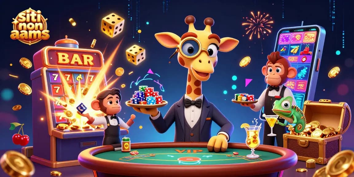 Gioca sui siti non AAMS, vivi un'esperienza di casinò con giraffe e scimmie in un'illustrazione vivace.