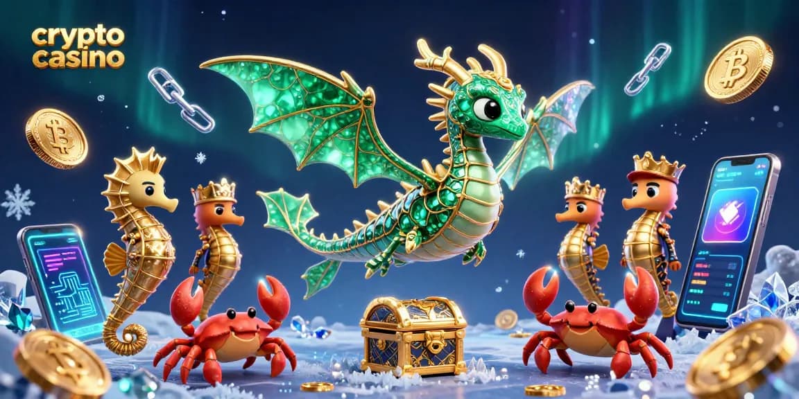 Jouez au casino crypto avec un dragon marin et des pièces de Bitcoin scintillantes, une ambiance magique !