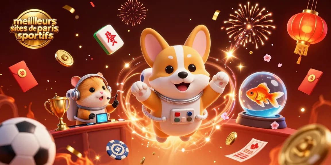 Les meilleurs sites de paris sportifs : Plongez dans l'univers des paris sportifs avec un corgi astronaute et des éléments de jeu flottants.