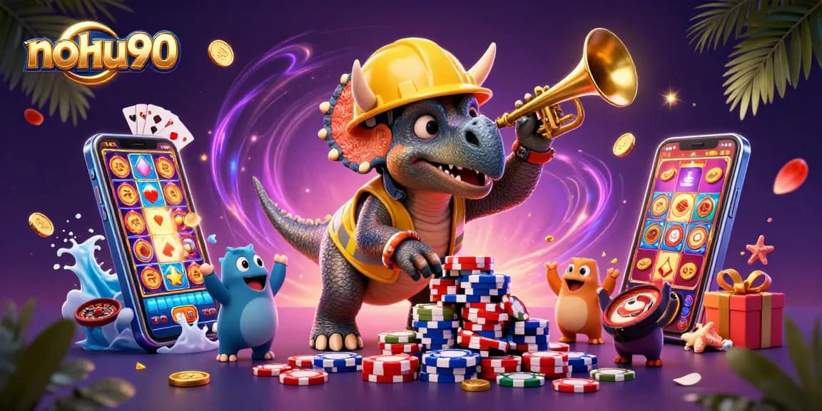 Nohu90 showcases a vibrant scene with cheerful characters building a poker chip pyramid, celebrating casino gaming.