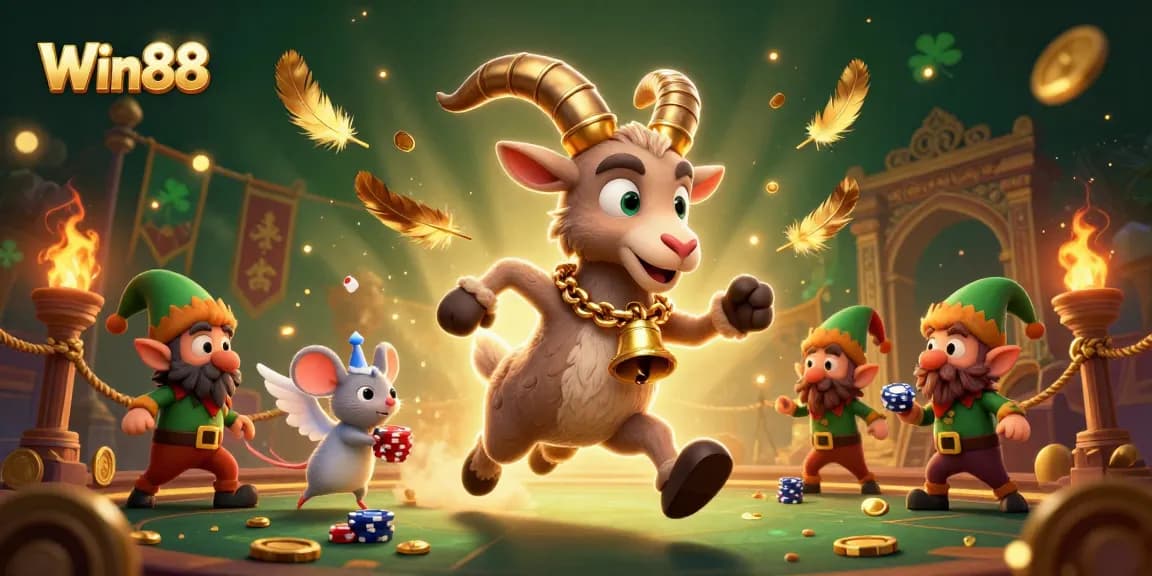 Win88 casino scene featuring Krampus, mouse, and gremlins in a colorful dynamic environment.