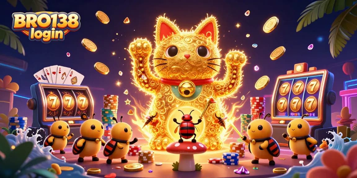 Engage with BRO138 login through an energetic display featuring a lucky cat and exciting casino elements.