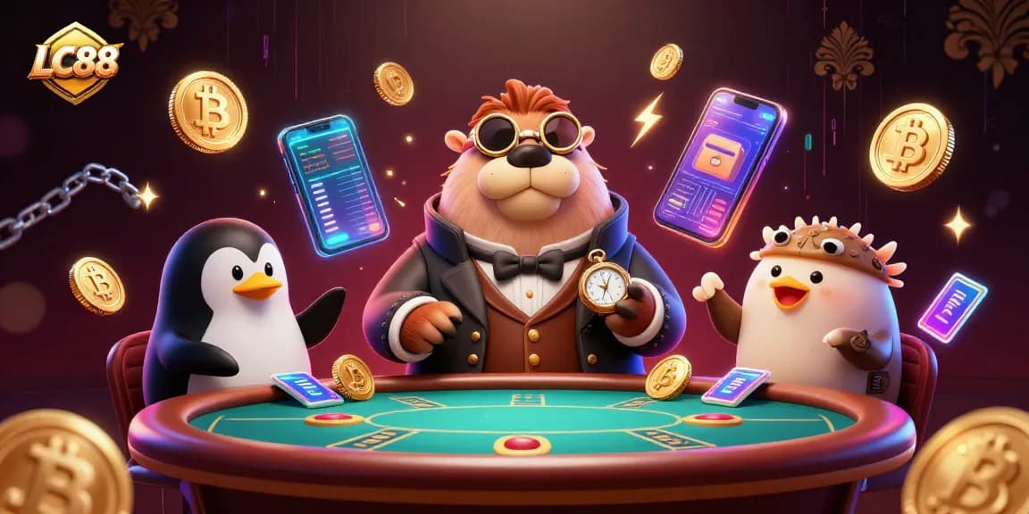 Engage with LC88's vibrant casino experience featuring unique characters at a poker table.