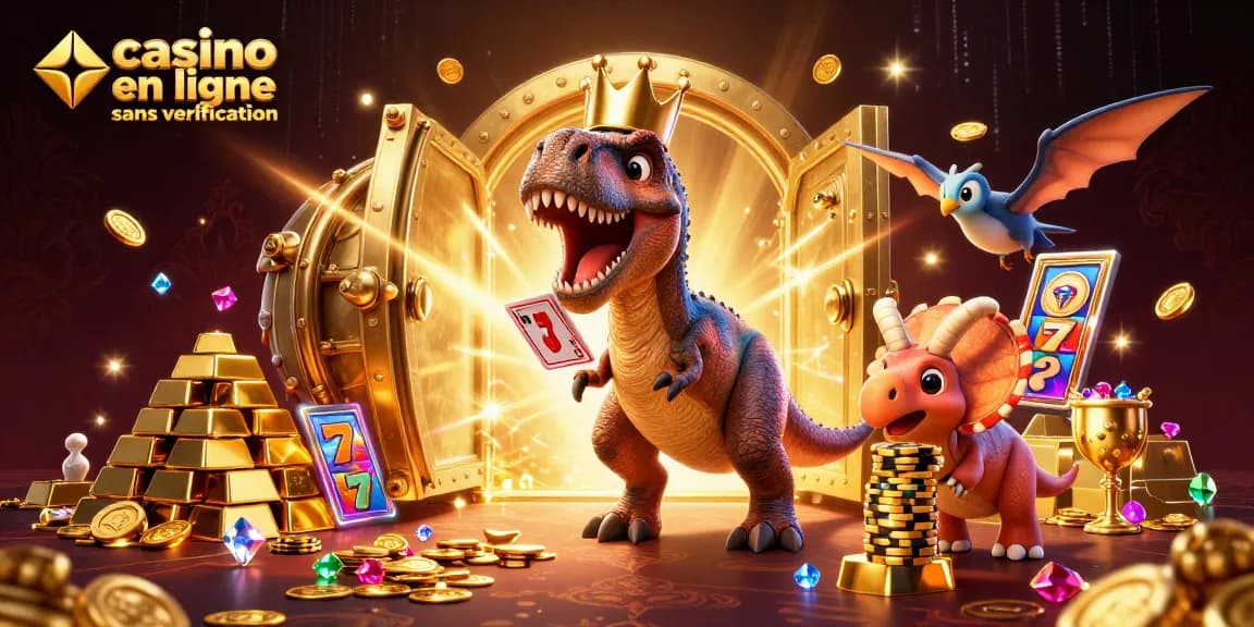 Jouez dans un casino en ligne sans vérification avec un T-Rex en couronne, assistant à la distribution de cartes