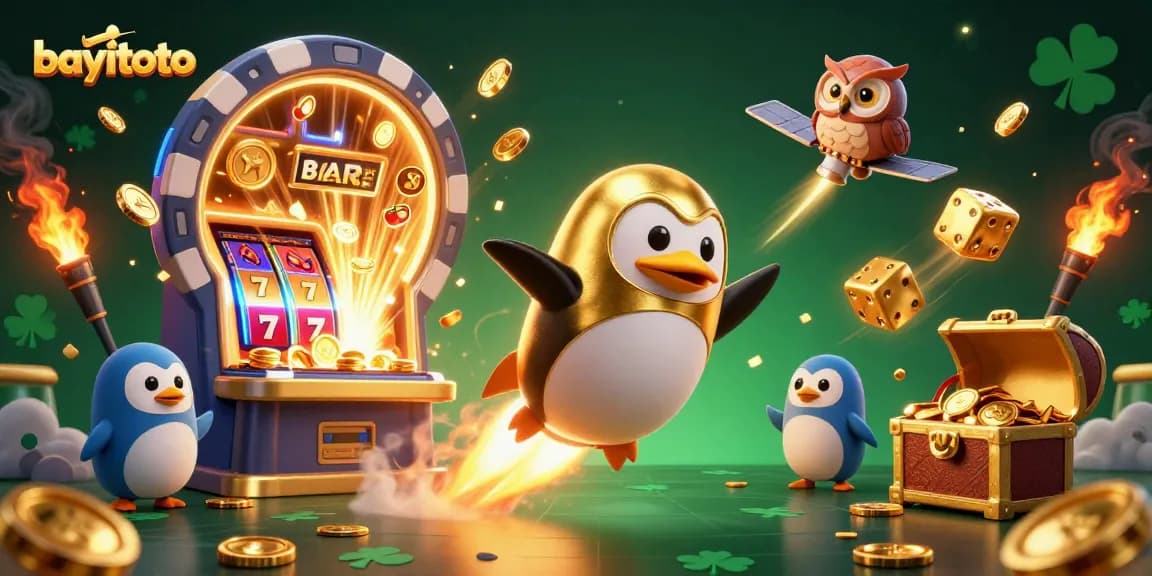 Engage with bayitoto's vibrant casino scene featuring a golden penguin, slot machine, and neon elements.