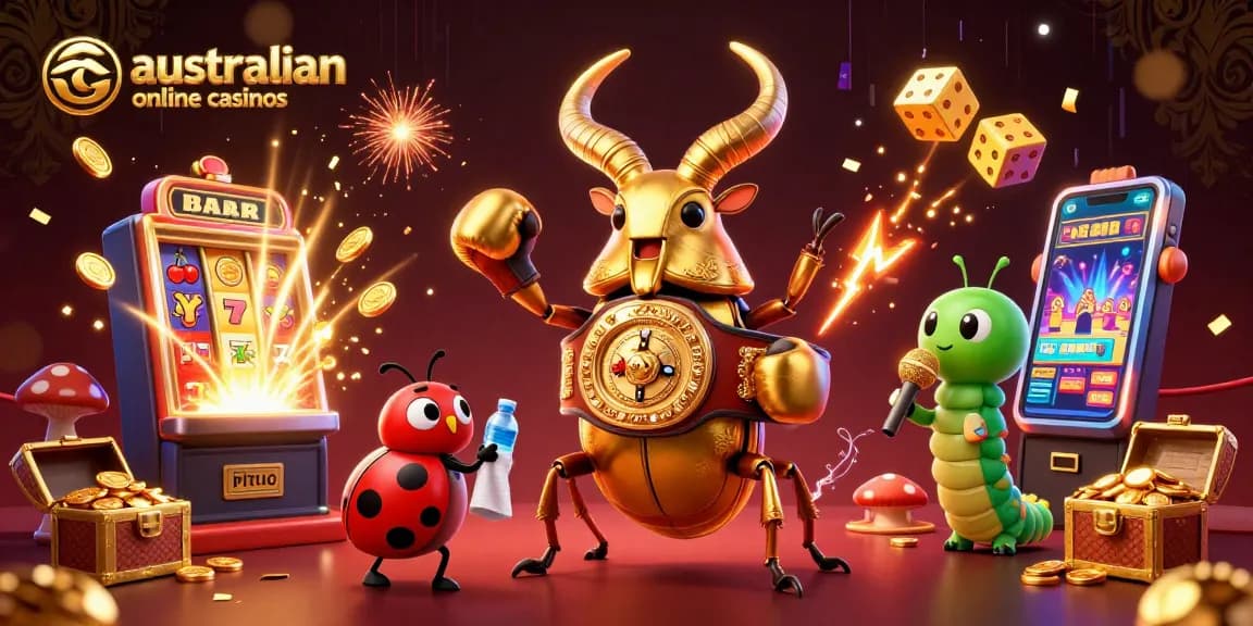 A dynamic scene illustrating australian online casinos with a giant golden stag beetle champion, high-energy slot elements, and epic gameplay.
