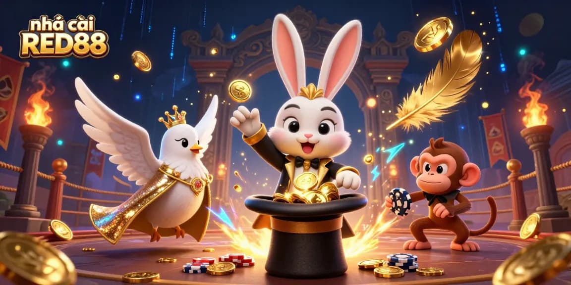 Engage with nhà cái RED88 in a vibrant casino adventure featuring a magician rabbit and monkey.