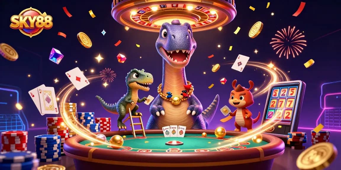 Experience the excitement of SKY88 with vibrant casino elements and iconic characters in a dynamic scene.