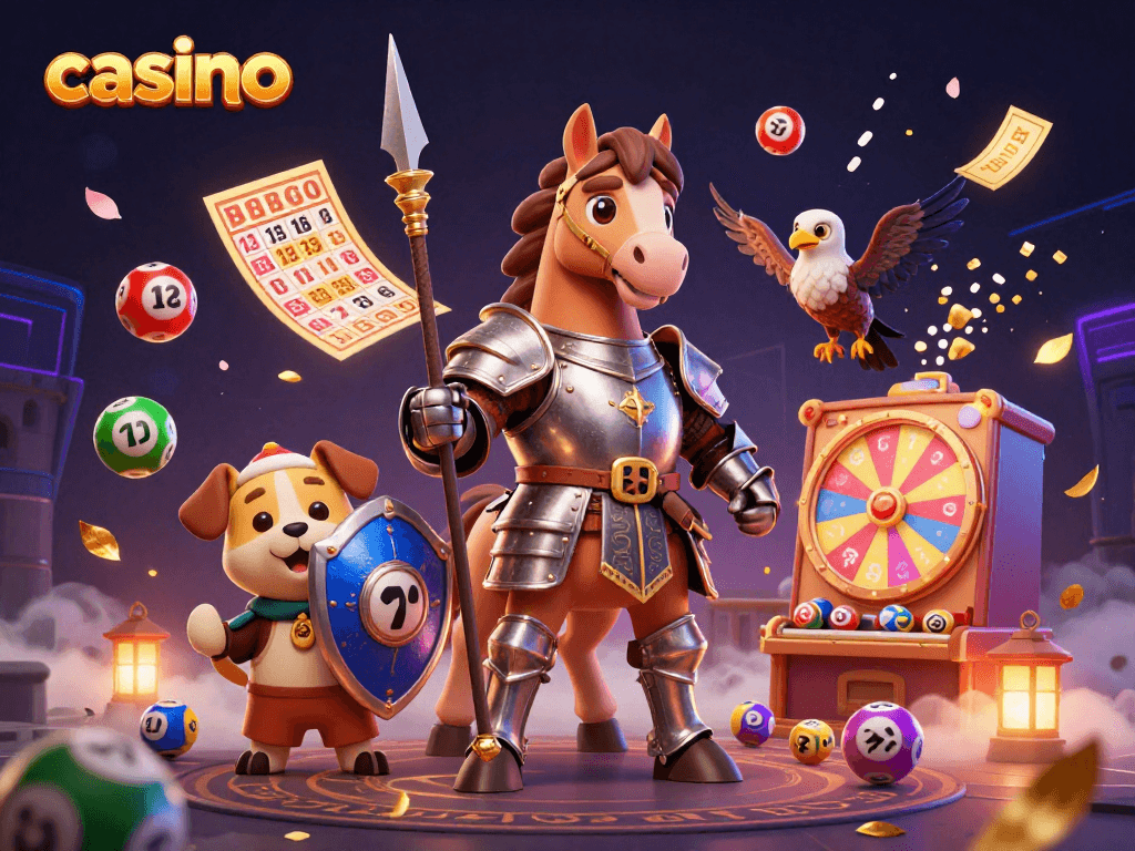 Engage in vibrant casino excitement with dynamic gambling elements around a medieval knight, puppy, and falcon.