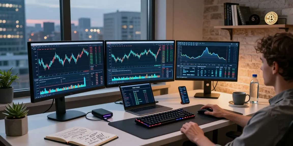 Récupération de portefeuille crypto perdu dans un bureau moderne, affichant des graphiques Bitcoin et Ethereum avec des mesures de sécurité