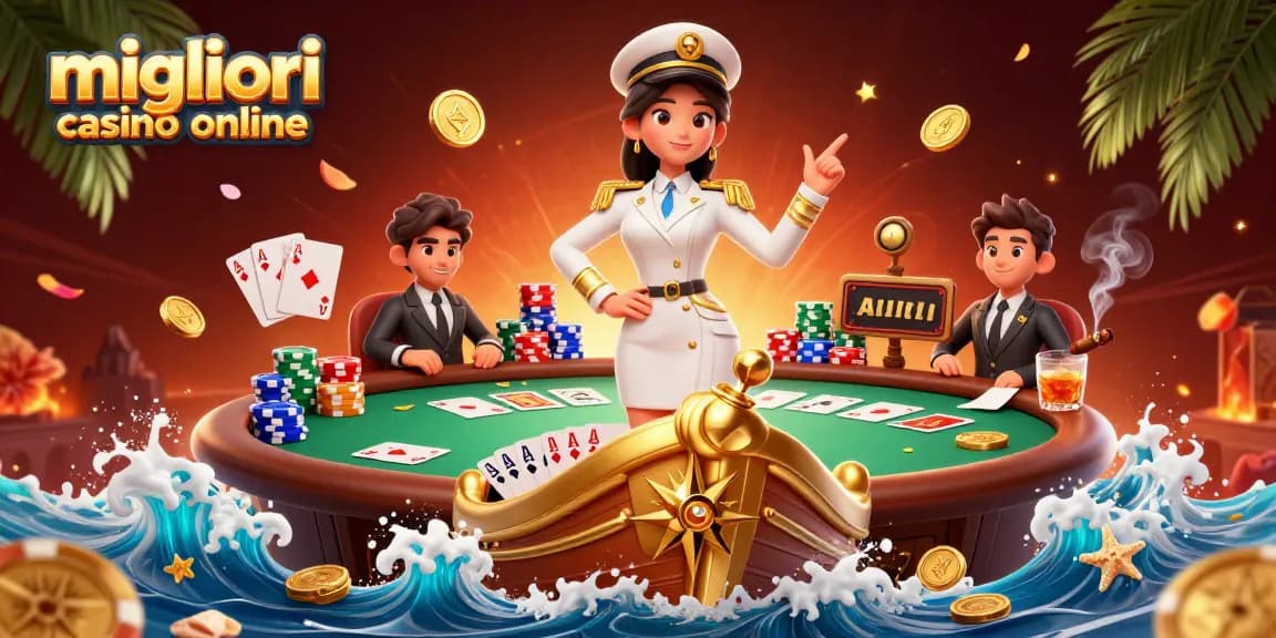 Interagisci con i migliori casino online in un'illustrazione vivace di un casinò 3D con una donna asiatica e dinamici elementi di gioco d'azzardo.