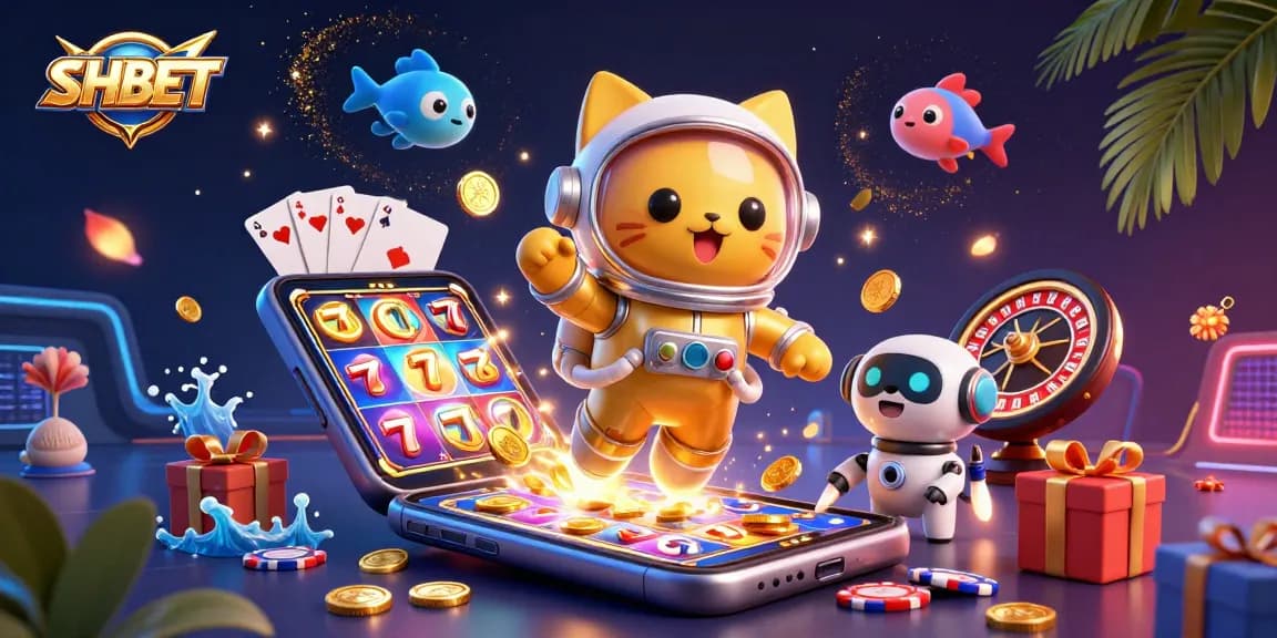 Experience thrilling slots action with SH BET in an ultra-detailed 3D cosmic casino scene.