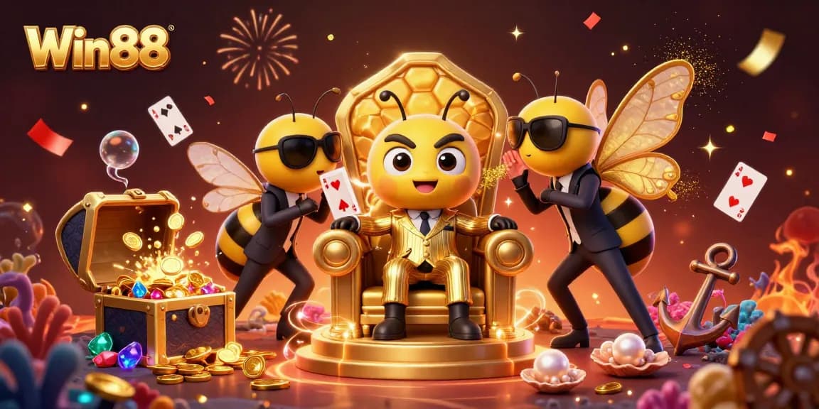 Win88 showcases dynamic casino action with a vibrant 3D bumblebee mob boss scene.