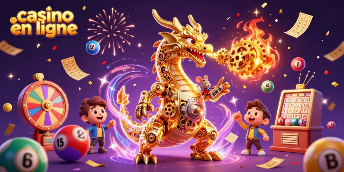 Jouez au casino en ligne avec des éléments animés et festifs comme un dragon doré, des balles de loterie colorées et une pluie d'argent.