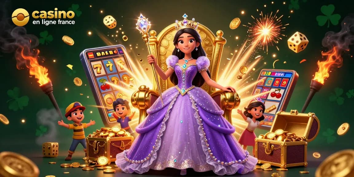 Gagnez gros au casino en ligne France avec des machines à sous vibrantes et des éléments de jeu royal dans cette illustration en 3D.