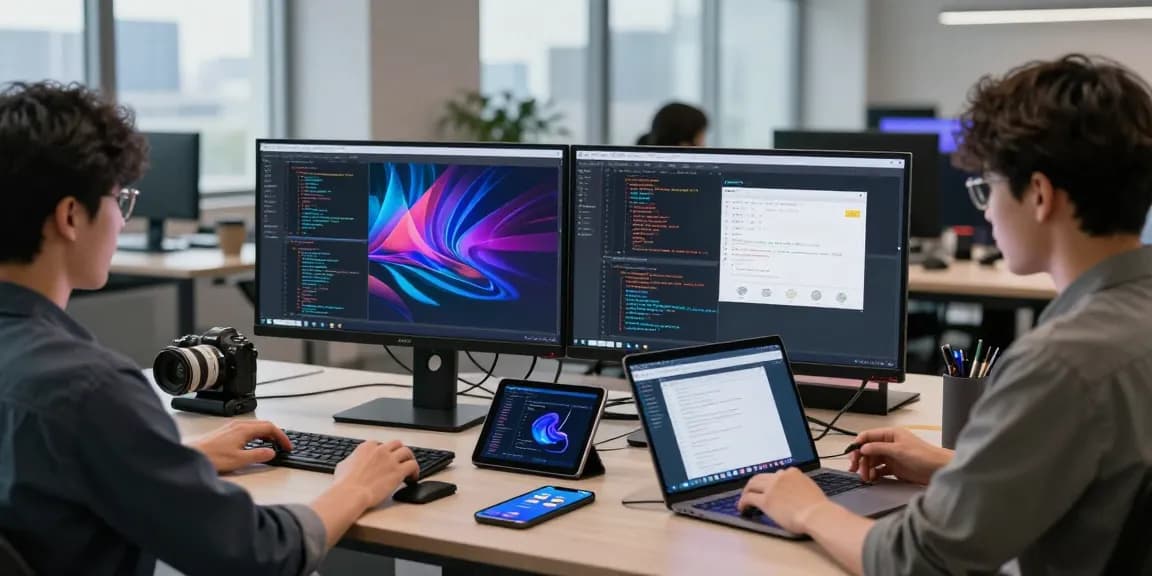 Developers enhancing their workflow with 快连 network acceleration technology in a modern workspace.