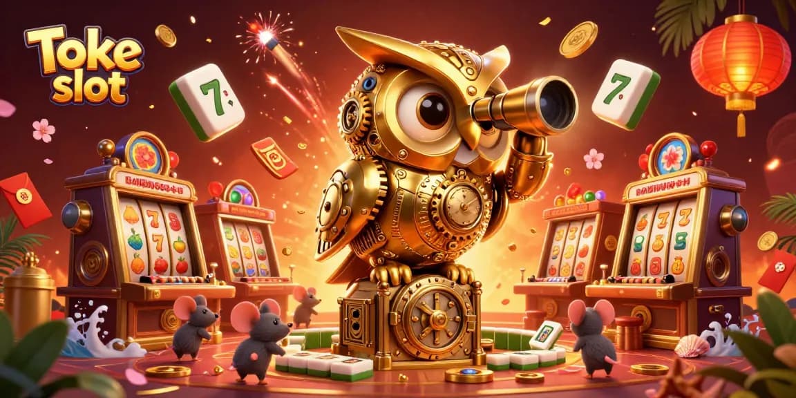 Engage with Toke slot in a lively casino scene featuring a 3D golden owl, slot machines, and festive decorations.
