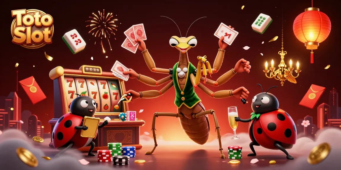 Toto Slot menarik dengan karakter cantik dalam kasino dan simbol keberuntungan berkilau di sekelilingnya