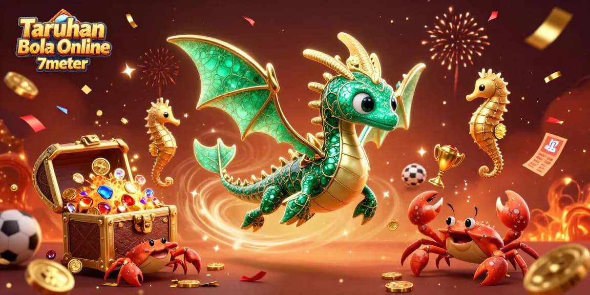 Experience Taruhan Bola Online 7meter with vibrant underwater scenes of dragons, treasure, and sports betting elements.