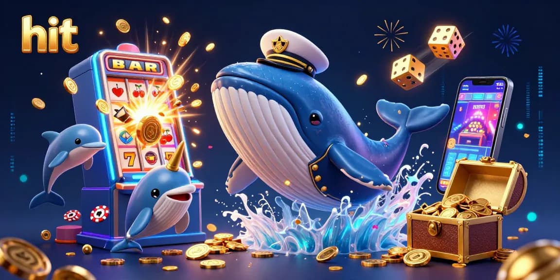 Join the hit gaming adventure with a lively whale, narwhal, and dolphins amidst a casino feast.