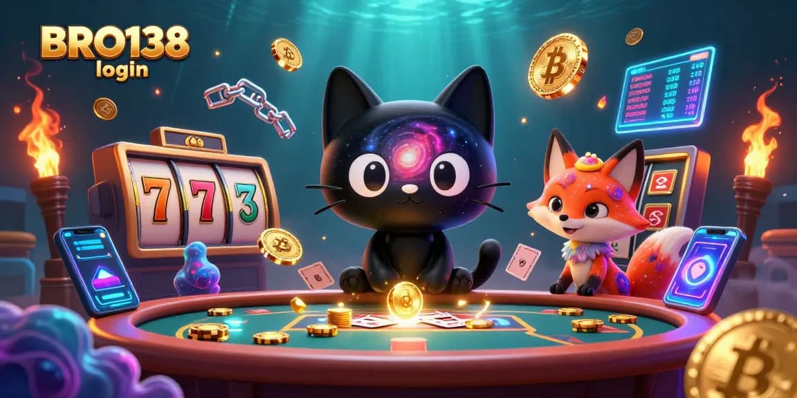 Experience the excitement of BRO138 login in a vibrant cosmic casino scene filled with slot reels and glowing cryptocurrencies.