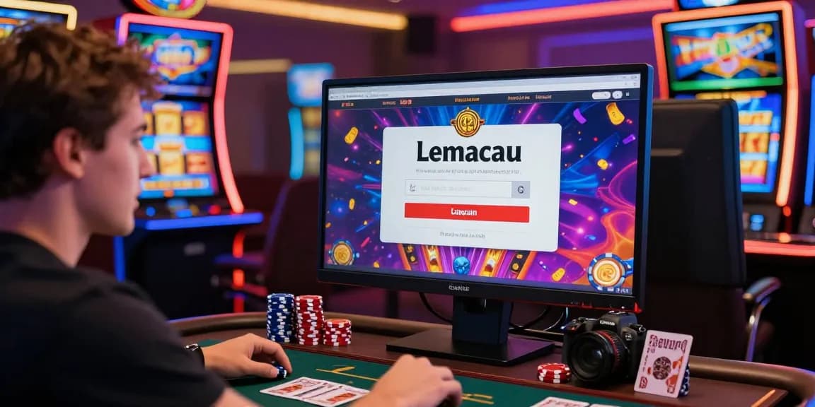 Lemacau Login on an engaging online casino interface with vibrant graphics and a player immersed in the gaming experience.