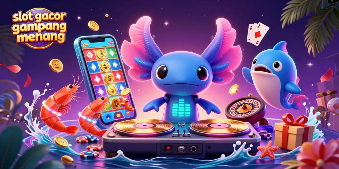 Experience slot gacor gampang menang with lively axolotl DJ spinning slot games, golden coins, and vibrant sea creatures.