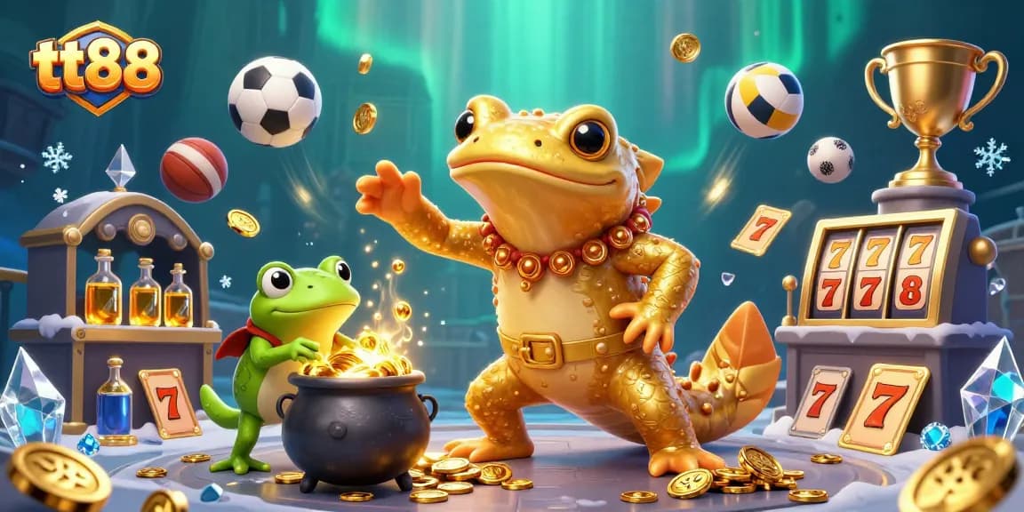 Win at tt88 as a giant golden salamander alchemist transforms base metals into gold coins amidst a bustling casino scene.