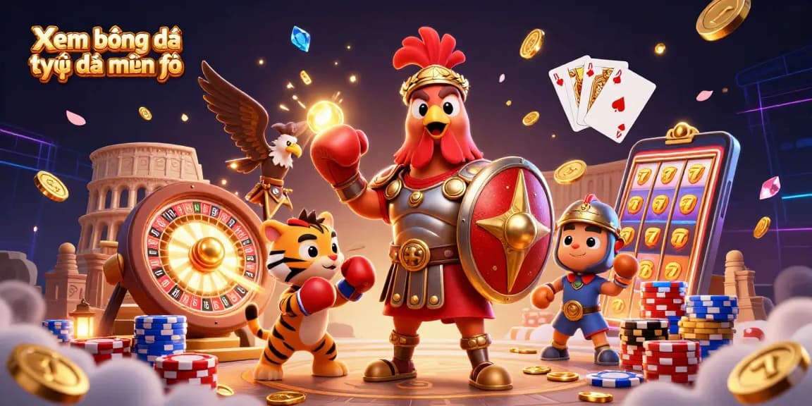 Xem bóng đá trực tiếp miễn phí with vibrant gambling scene featuring a gladiator rooster, tiger cub, and eagle