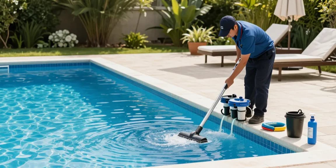 Professional maintenance of pool equipment showcasing servis bazenske tehnike in a beautiful backyard setting.