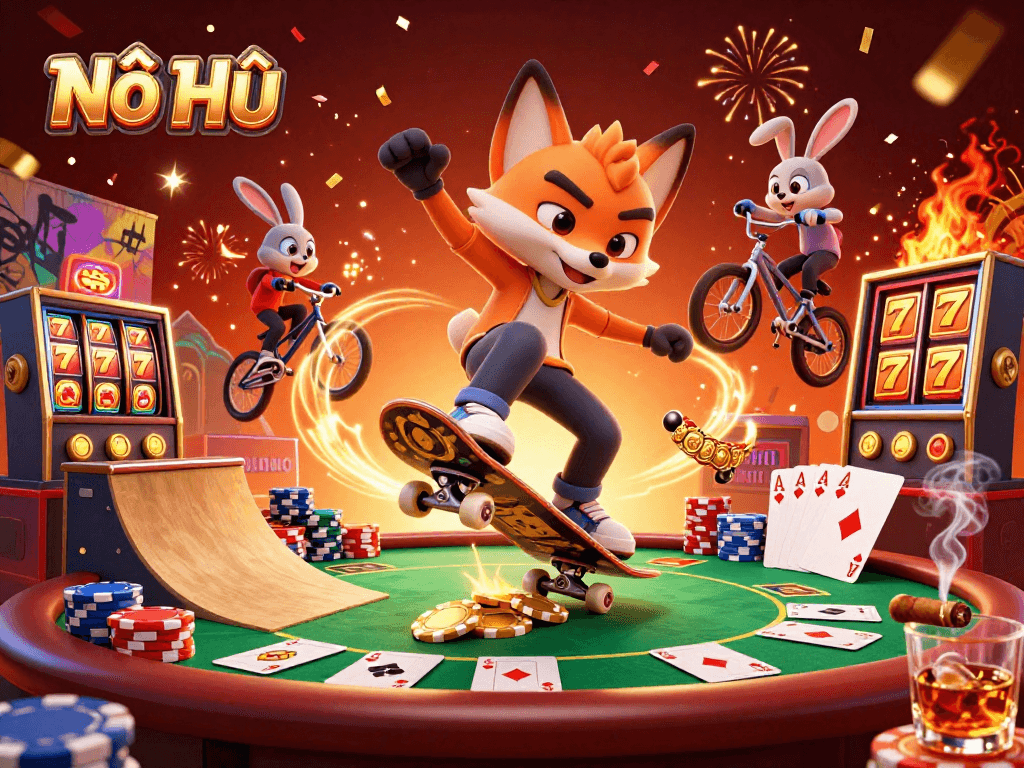Nổ Hũ celebrates a high-energy gaming scene with animated casino characters and vibrant slot machine elements.