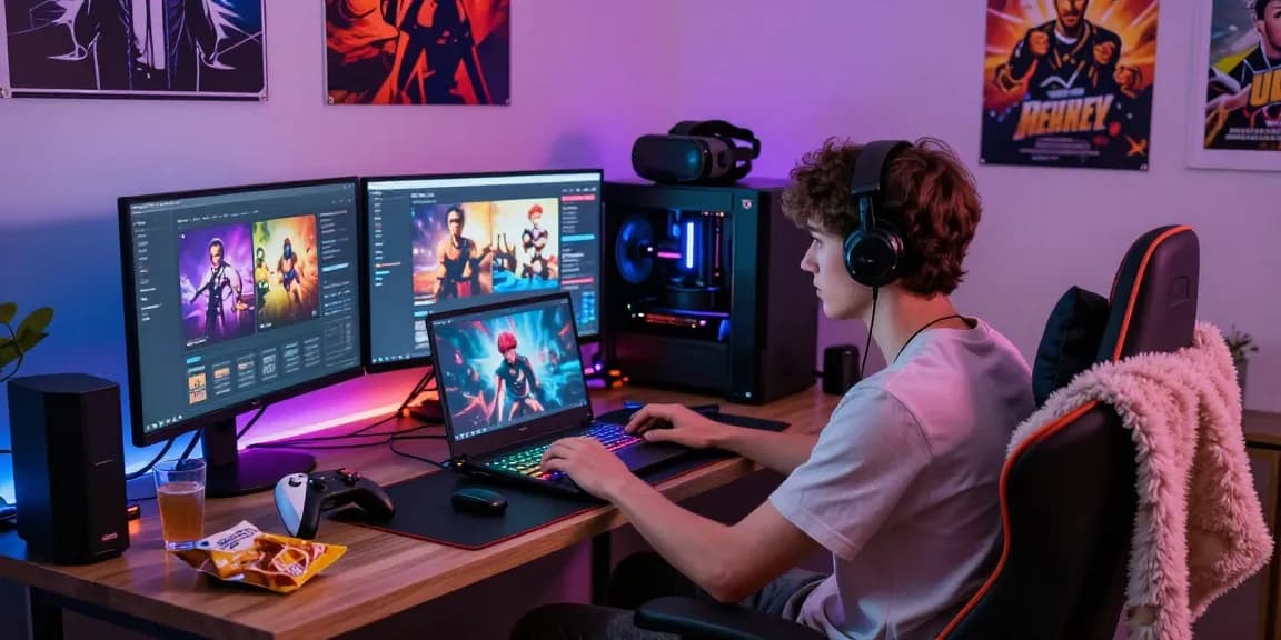 Engaging scene of a gamer playing porngames in a cozy gaming room with vibrant LED lights and gaming posters