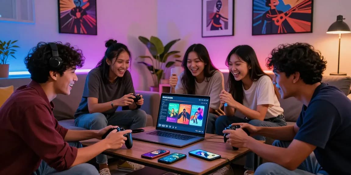 Friends enjoying indo cair gaming platform in a vibrant living room.