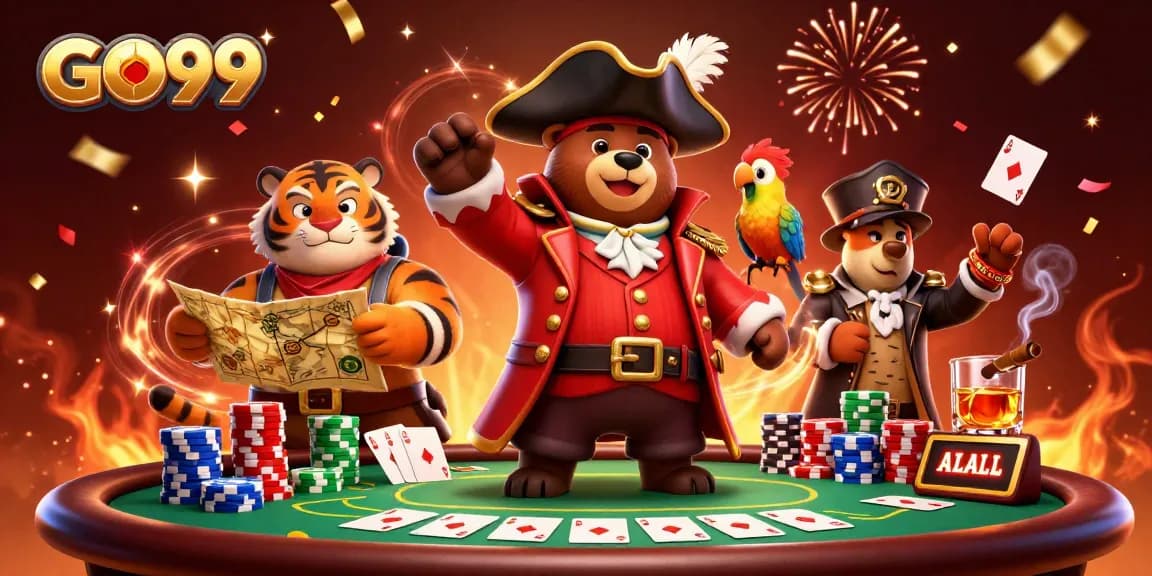 Experience the thrill of GO99 gaming with a 3D cartoon pirate bear leading the adventure