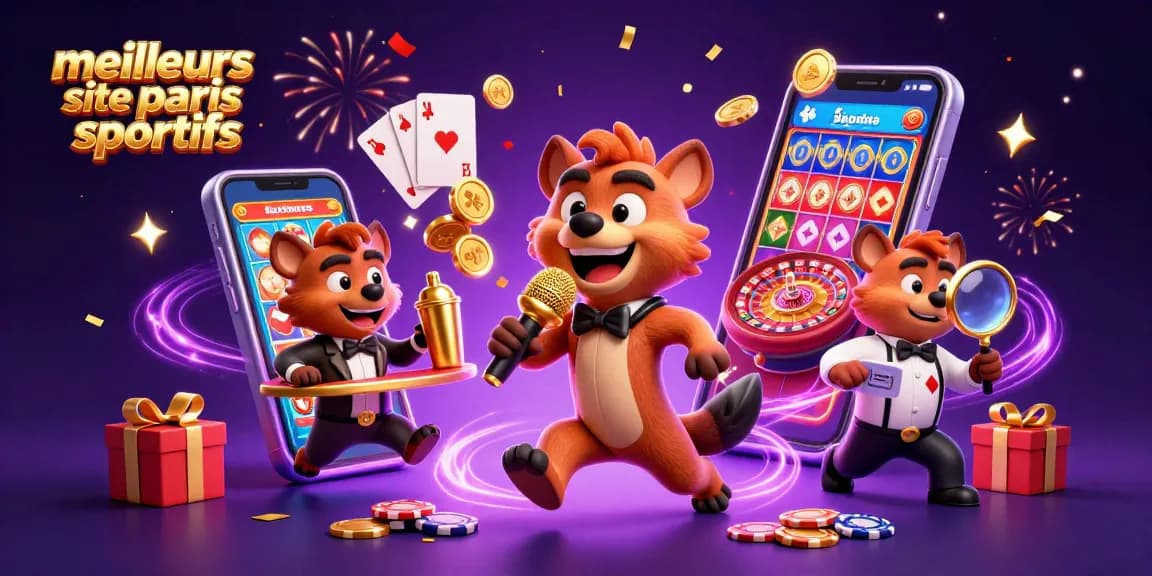 Pariez sur les meilleurs sites de paris sportifs avec une illustration vivante d'une scène de casino dynamique, mélangeant humour et jeux.
