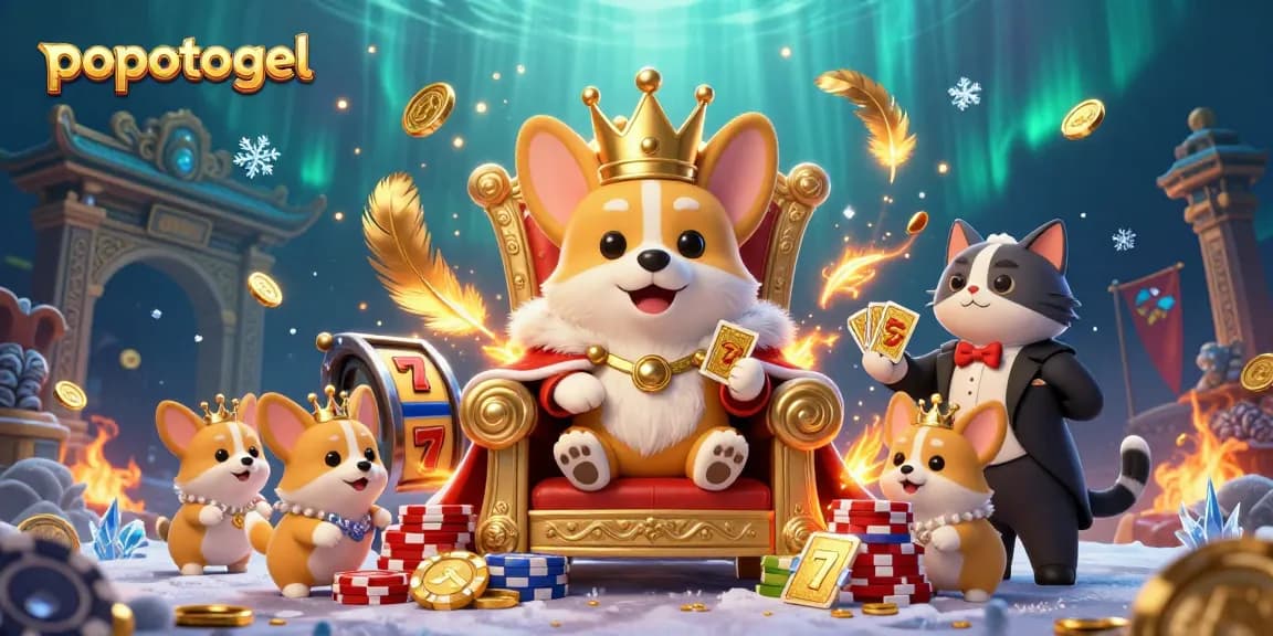 Engage with popotogel in this dynamic casino scene featuring a triumphant royal corgi.