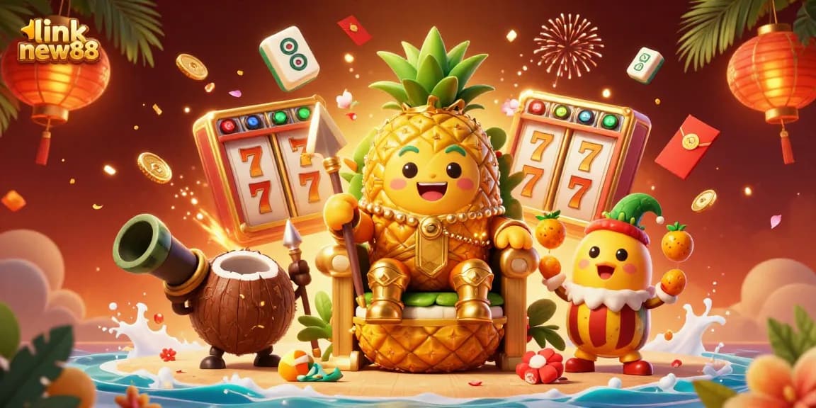 Engage with link new88 at this vibrant casino scene featuring a golden pineapple king amidst slots and colorful decorations.