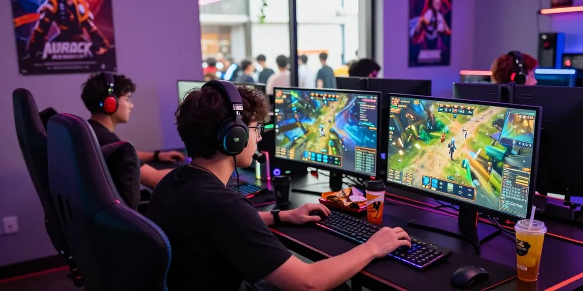 JURAGAN77 - Pemain game online serius dengan monitor berwarna-warni dan pencahayaan LED di ruang bermainnya.