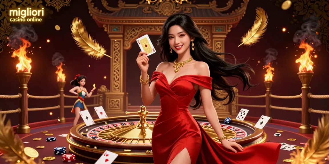 Scopri l'emozione dei migliori casino online con una scena mozzafiato della roulette che presenta una donna asiatica sicura di sé.