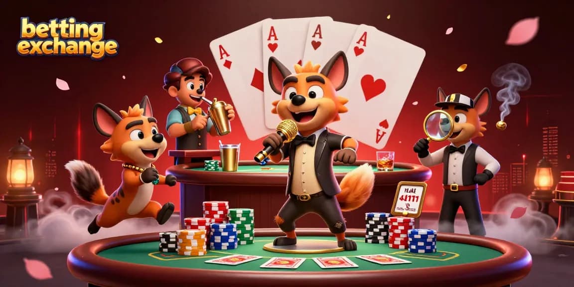 Betting exchange scene with hyenas as casino staff interacting around poker elements.