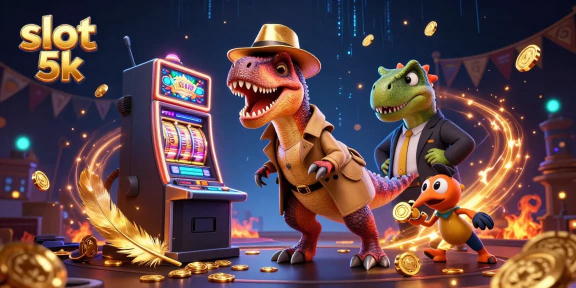 Slot 5k scene with a velociraptor card counter at a slot machine amidst gold coins and vibrant casino elements.