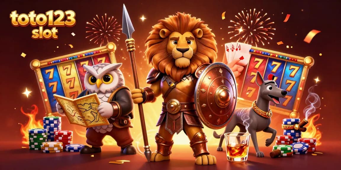 Spin the reels of toto123 slot with a heroic Spartan lion and tactical owl strategist amidst vibrant casino elements.